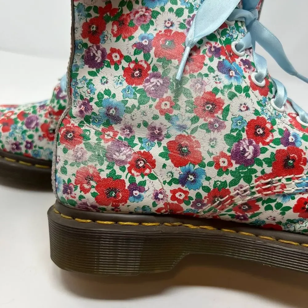 Dr. Marten Boots Women's Size 8 Blue Pascal Floral Print Ribbon Laces Combat - Picture 10 of 16
